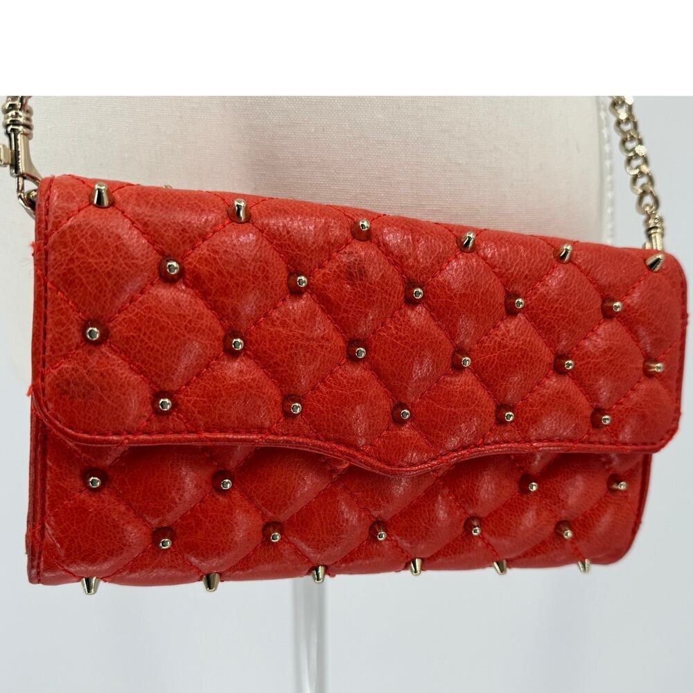 Rebecca Minkoff Orange Studded Quilted Leather Wallet Chain Clutch Crossbody WOC